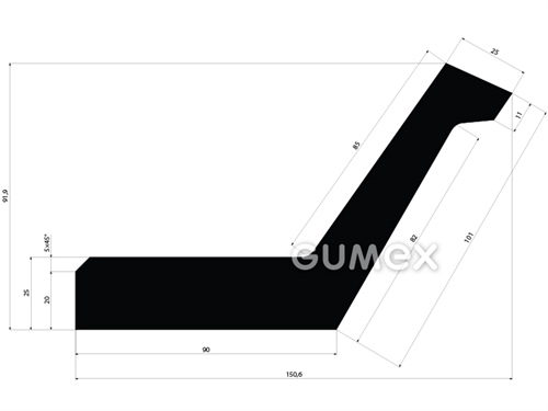 Pryžový profil pro vodní díla tvaru "L", 91,9x150,6mm, 70°ShA, EPDM, -40°C/+100°C, černý